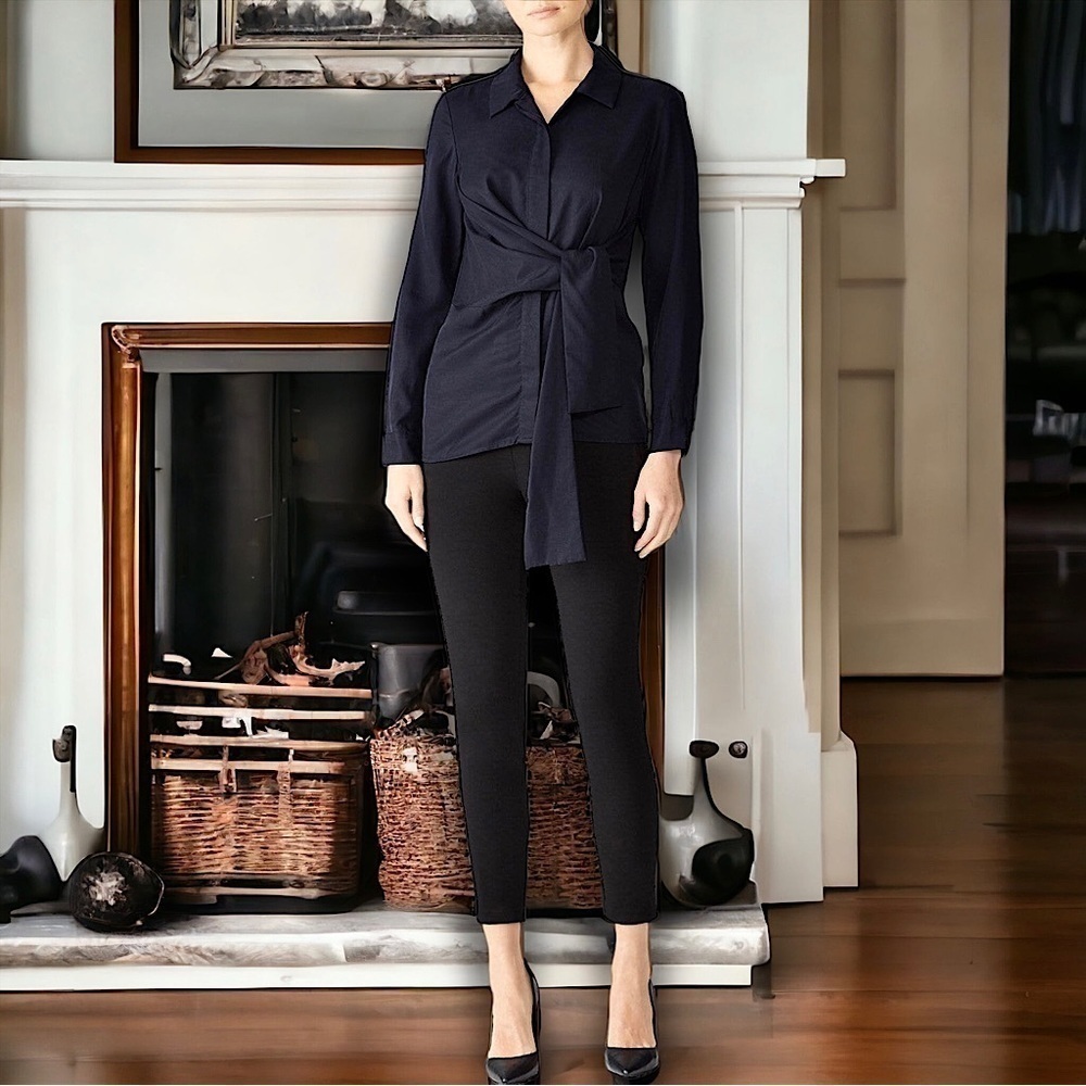 Navy Long Sleeve Button Front Tie Waist Tencel Crepe Collared Slim Fit Blouse XS